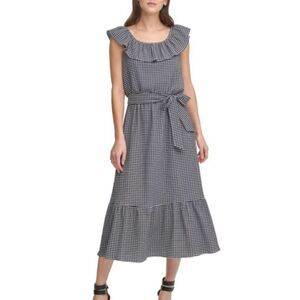 DKNY Black Plaid Belted Ruffle Neck Tiered  Midi Dress Size 12